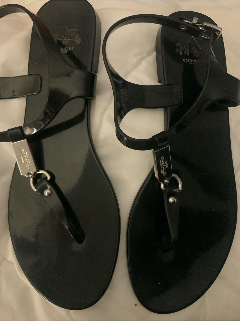 Coach Black Patent T-Strap Jelly Sandals